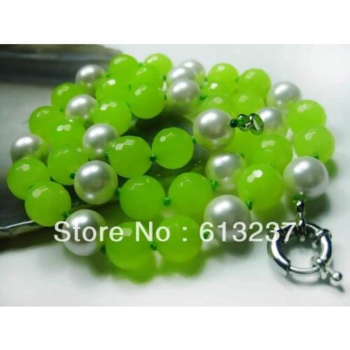 Fashion 10mm White Shell simulted-Pearl Faceted Lemon Green chalcedony jades round stone beads chain choker Necklace 15" A028