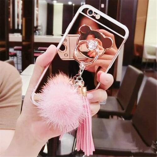 Fashion Bear Ring Stand Mirror Capa Case For Xiaomi Redmi5 6 4X 4A 5A 6A Note4 5 6 7 Pro Note Fur Ball Pendant Tassel TPU Cover