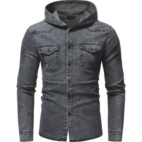2 Pcs Spring Wash Denim Shirt Men Long Sleeve Fashion Hooded Jeans Shirt Men Casual Slim Fit Shirt M, Gray & Blue