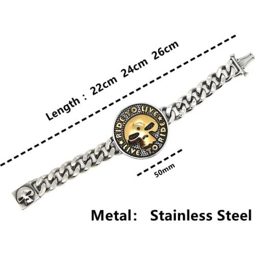 Newest Unisex 316L Stainless Steel Big Skull Ride to Live, Live to Ride Gold-Silver Biker Bracelet