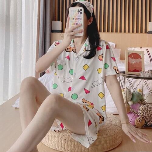 2021 New Short Sleeve Pajamas Set For Women Soft Sleepwear 2Pcs Nightwear Cute Cartoon Homewear Summer Lounge Pyjamas