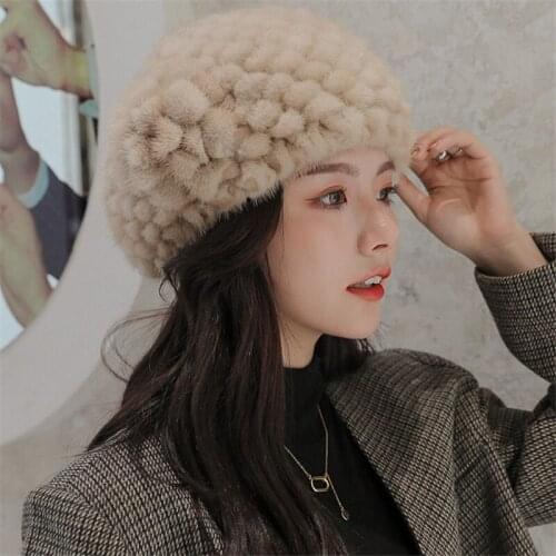 2021 New Genuine Mink Fur Hat Hand Knitted 100% Real Mink Fur Hat Winter Warm Hat Fashion Lady Beret Hat