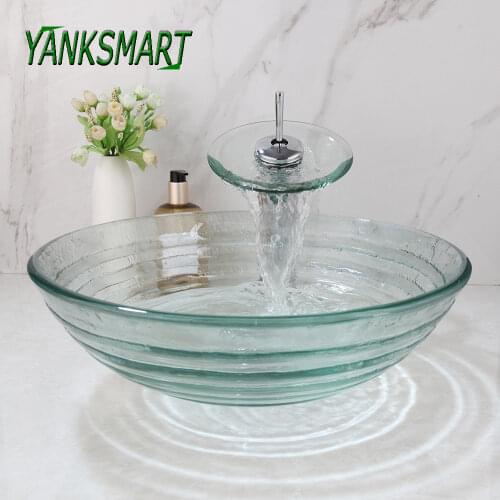 YANKSMART Tempered Glass Translucent Round Bathroom Washbasin Sink + Chrome Polished Waterfall Faucet And Pop-up Drain Combo Set