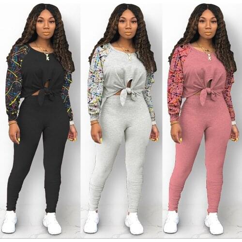 Casual Patchwork Inkjet Printing Hollow Out Tracksuit Women Sporty Fitness Lace Up Bandage Top Stacked Pants Slim Two Piece Set