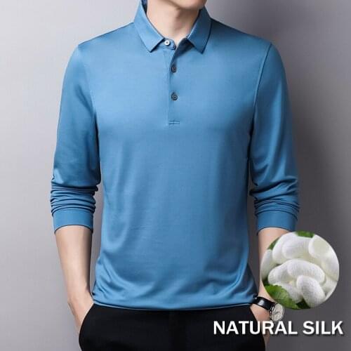 Natural Silk And Modal Blended Polo Shirt Men Long Sleeve Autumn Winter Slim Fit Quick Dry Poloshirt Man Black Collar Shirts Red