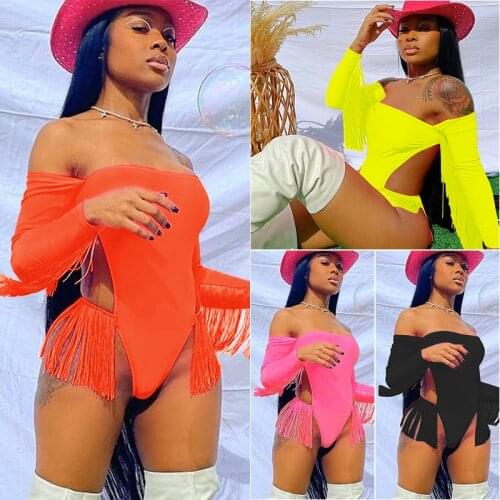 Sexy Off Shoulder Bikini One Piece Neon Swimsuit Women Bandeau Tassel Bathing Suit Long Sleeve Designer Swimwear Trikini Outfits