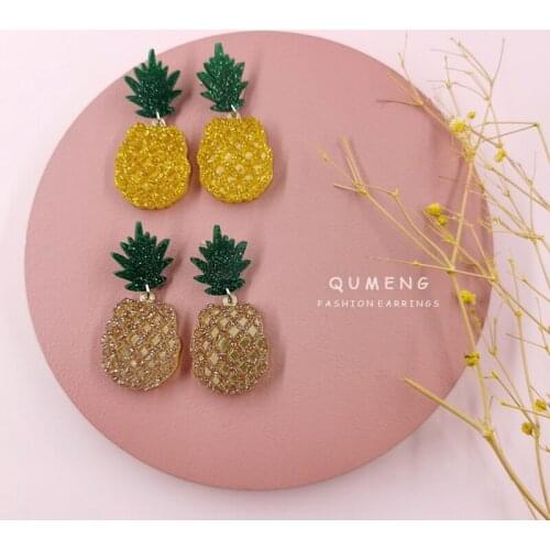2020 New Arrivals Acrylic Cute Green Glitter Gold Mirror Pineapple Dangle Earrin European Hotselling Statement Fruit Jewelry
