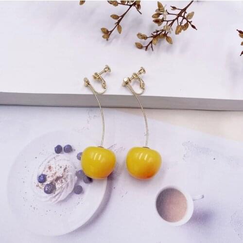 Minar Korean Cute Clear Resin Cherry Earrings for Women Femme 2021 Real Flowers Fruit Clip Earrings Statement Holiday Jewelry
