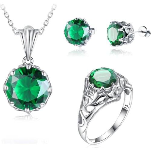 Szjinao 925 Silver Jewellery Set For Women Real 925 Sterling Silver Shiny Flower Pendant Earrings Ring Sets Emerald Fine Jewelry
