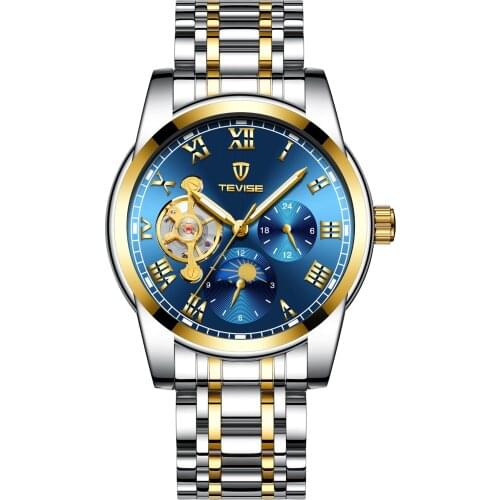 Tevise Top Brand Business Automatic Men Mechanical Clock 3ATM Waterproof Full Steel Man Relogio Musculino Moon Phase Wrist Watch
