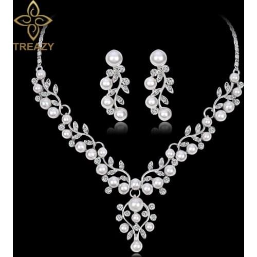 TREAZY Luxury Simulated Pearl Bridal Jewelry Sets Silver Color Crystal Necklaces Earrings Sets Floral Wedding Prom Jewelry Set