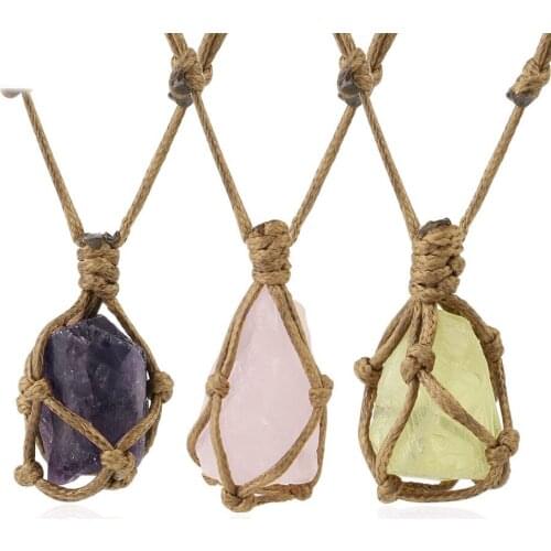 Vintage Natural Stone Pendant Necklace Irregular Geometric Crystal Braided By Leather Rope Pure Hand Make Jewelry