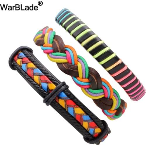 WarBLade 3pcs/Set Leather Braided Men Bracelet Vintage Colorful Charm Beads Bracelets Bangle Punk Wrap Wristband For Male Women