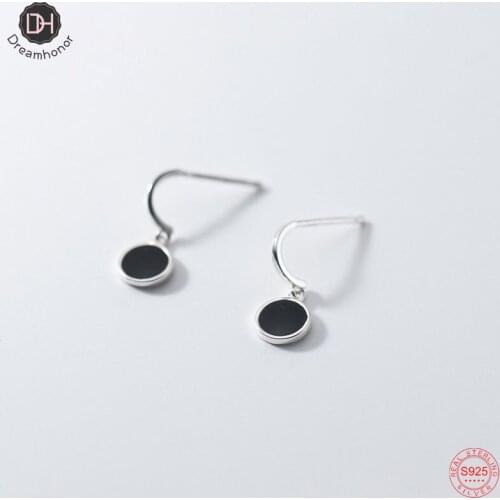 Dreamhonor 100% 925 Sterling Silver Black Enamel Disc Coin Drop Earrings Wholesale Women Dangle Jewelry