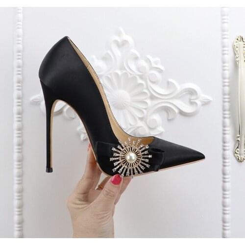 Moraima Snc Beautiful Crystal Flower Decorations High Heel Shoes Woman Pointed Toe Butterfly-knot Stiletto heels 12cm Dress Shoe