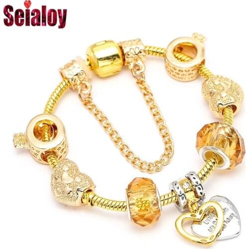 Seialoy Crystal Two-color Heart Dangle Charm Bracelets & Bangles Golden Crown Letter O Beaded Bracelets For Women Jewellry Gift