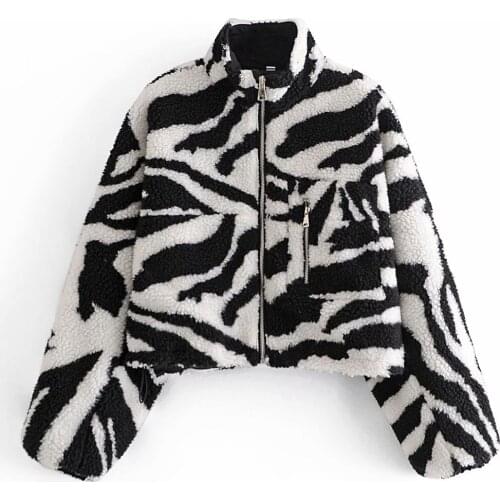 2021 Winter Women Fur Coat Vintage Jacket Zipper Jacketes Zebra Print Faux Fur Coats Zebra Lamb Wool Coat
