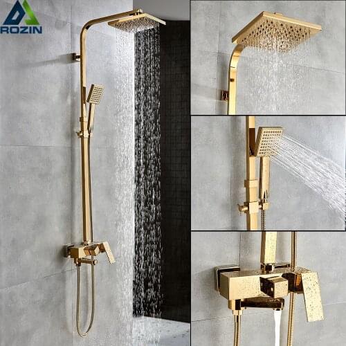 Golden Bath Shower Mixers 8" Rainfall Shower Faucet Set Wall Mounted with Hand Shower Bathroom Rain Shower Column Tap