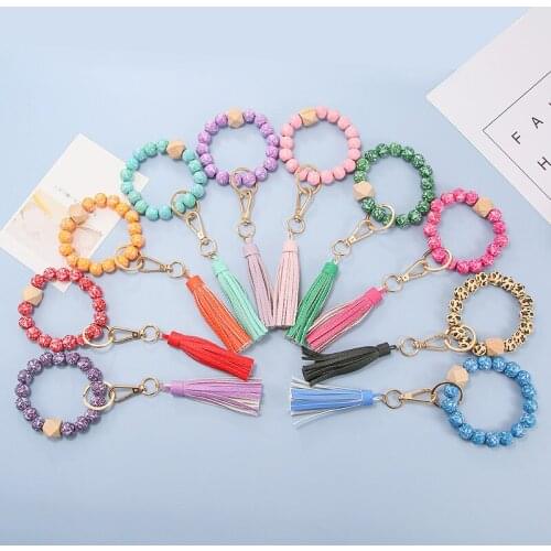1pcs Wood Beads Pattern Keychain For Keys Wristlet Bracelet Pendant Keyring For Women Tassel Charms Keychain Accessories