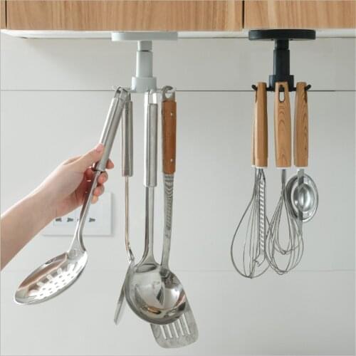 2PCS Under Shelf Rotate Hook Holder Hang Kitchen Cabinet Storage Organizer Rack Wall Hooks Home Utensils Storage Self Punch-free