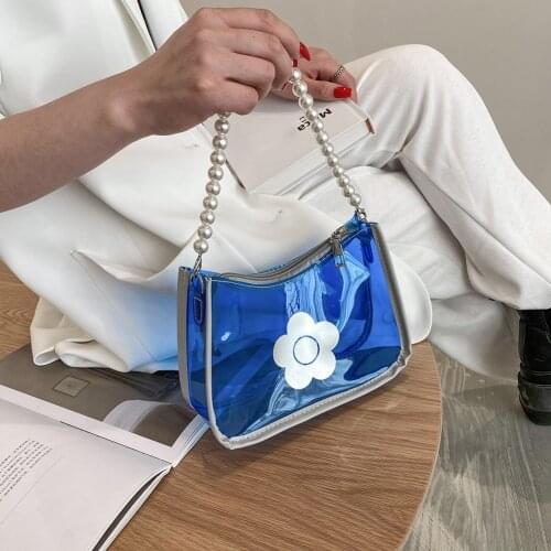 2021 Summer Transparent Flower Print Shoulder Bag For Women PVC Handbag And Purse Pearl Chain Underarm Bags Ladies Beach Bag
