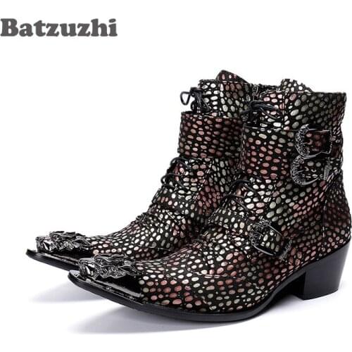 Batzuzhi Handmade Western Cowboy Boots Men Pointed Iron Toe Color Leather Motorcycle Boots Men Botas Hombre 6.5cm Heels Buckles