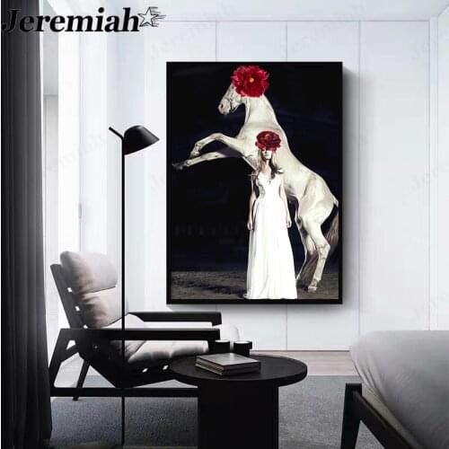 Nordic Abstract Long Skirt Girl Canvas Painting White Horse Red Flower Poster Wall Art Modern Home Living Room Decoration