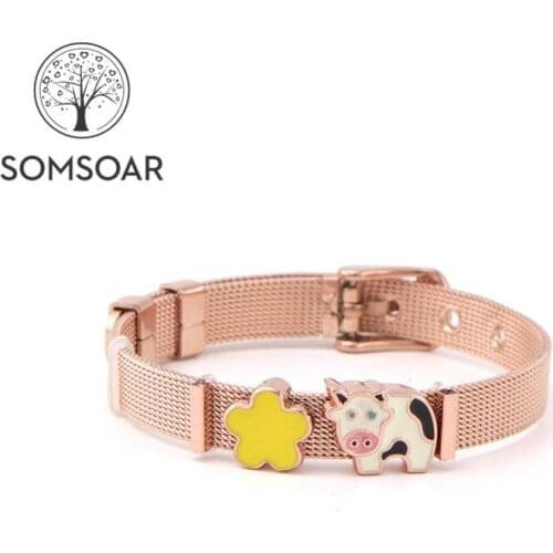 Drop shipping Somsoar Jewelry 8mm Width Rose Gold Milk Cow and yellow Flower Slide Charm Mesh Bracelet set Kids child Bracelet