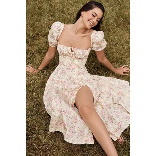 Harajuku Floral Print Summer Sexy Split Women Bandage Maxi Dress 2021 Vintage Casual Slim Short Sleeve Robe Femme Vestidos 31104