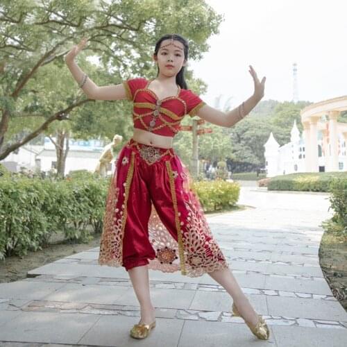 Halloween For Princess Jasmine Outfit Aladdin Cosplay Costume Girls Belly Dance Indian Costume 3pcs (Top Pants Headdress) Gifts