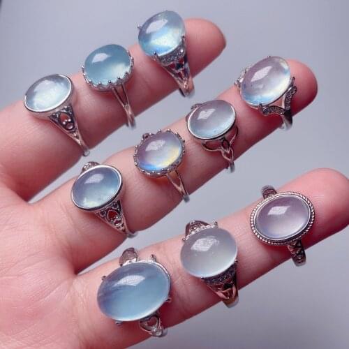 1PC Natural Crystal Rings for Women Small Oval Real Stone Blue Quartz Clear Aquamarines Crystal Rings Wedding Jewelry Adjustable