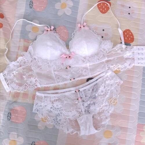Fairy Lolita Bras Japanese Kawaii School Girl Lace Floral Rose Bra and Panty Set White Princess Bra Lingerie Underwear Set 2021