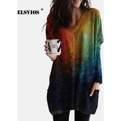 Fashion Loose V Neck Tie-dye Gradient Print Top Casual Fall Winter Colorful Pocket Long Sleeves Top Elegant Party Female T-shirt