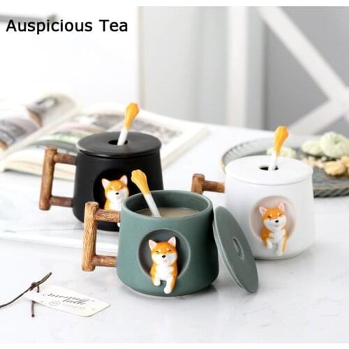 Cartoon Ceramic Mug Cute 3D Shiba Inu Pattern With Lid Spoon Girls Favorite Gift Brew Milk Tea Couple Drinking Water Coffee Cup