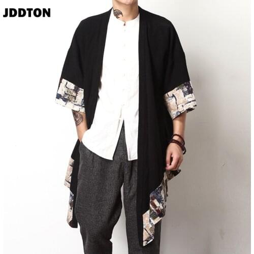 JDDTON Spring Mens Linen Kimono Fashion Loose Long Cardigan Outerwear Coats Irregular length Male Jackets Casual Overcoat JE009