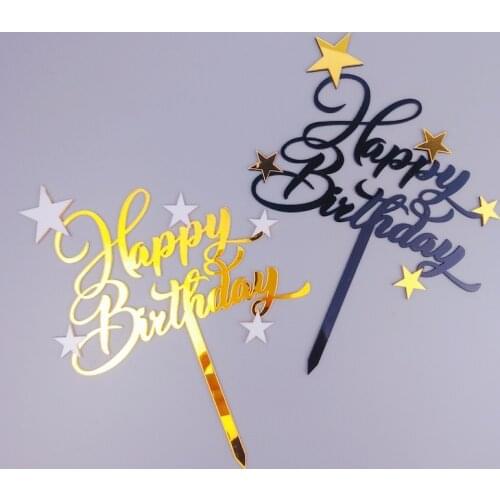 New Happy Birthday Acrylic Cake Topper Gold Black Stars Cake Topper For Girls Kids Birthday Party Cake Decorations Baby Shower
