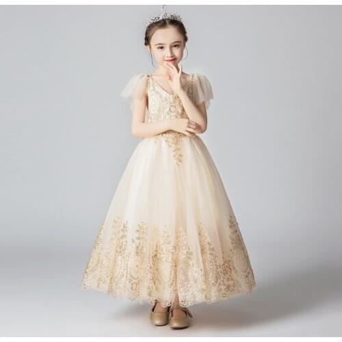 New Long Lace Ball Gown Flower Girls Dress V-Neck Princess Golden Tulle Kids Wedding Party First Communion Clothes Evening Dress