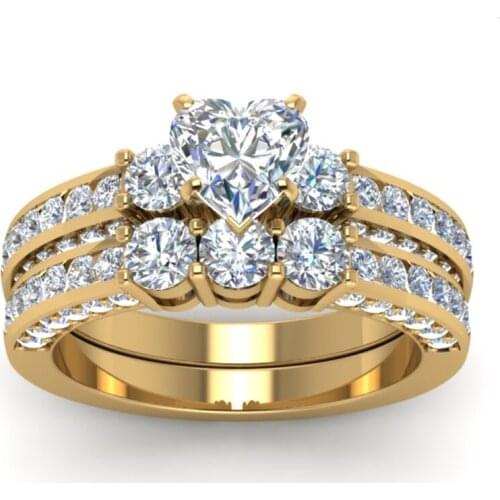 Charm Gold-Color Women Rings Set Fashion Heart Rhinestone Zircon Ring Set For Women Jewelry Bridal Wedding Engagement Girl Gift