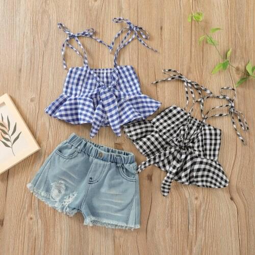 1-6Y Fashion Children Baby Girls Summer Clothes Sets Plaid Sleeveless Bow Tank Tops Denim Blue Shorts 2pcs Outfit