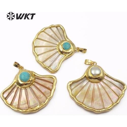 WT-JP101 WKT Natural Shell Pearl Pendant Ginkgo Leaf Fan Shaped Shell Pendant Gold bezel with Pearl and Gem-stone Ladies Jewelry