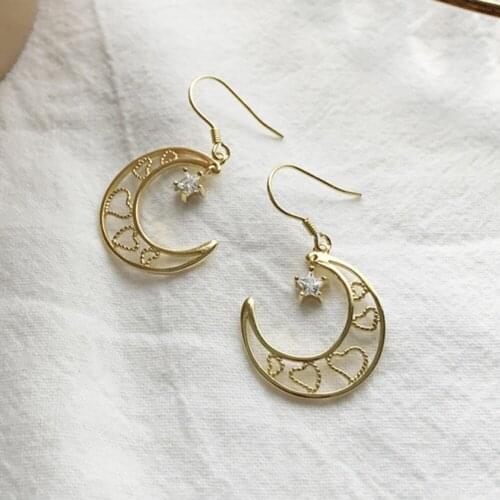 S925 Hollow Love Heart Rhinestone Star Gold Pendant Earrings Crescent Moon Star Earrings Pentacle Charm Boho Jewelry