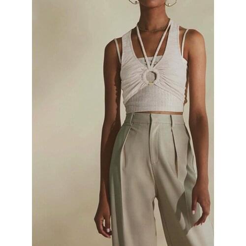 SEASONS 2021 Summer Vest Sling Two-piece Set Pure Color Casual Style Hollow Top Basic Camisole For Women Outing Club ASVE83457
