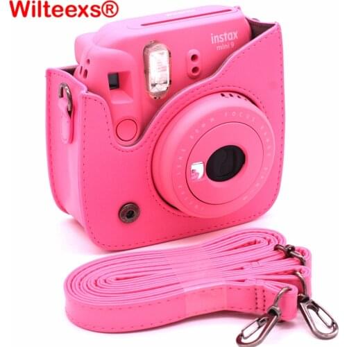 WILTEEXS Fujifilm Instax Mini 8 8s 9 Accessories Pure color PU Leather Camera Shoulder Bag
