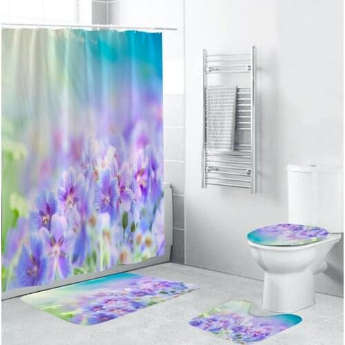 Fresh Flower 3D Shower Curtain Carpet Four-piece Bathroom Anti-slip Mat Set Toilet Accessories Panel Door Mat Polyester