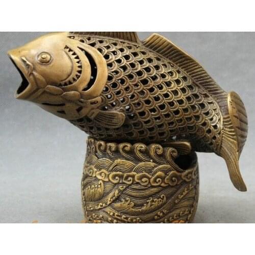 YM 317 8" Chinese Bronze Buddhism Wealth Coin Lovely Fish Statue Incense Burner Censer