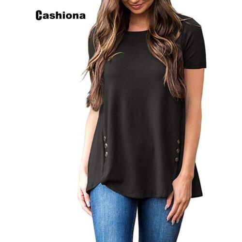 2021 Ladies Elegant Leisure Casual T-shirt Patchwork Buttons O-neck Loose Womens Top Latest Summer Tee shirt Black Gray Clothes