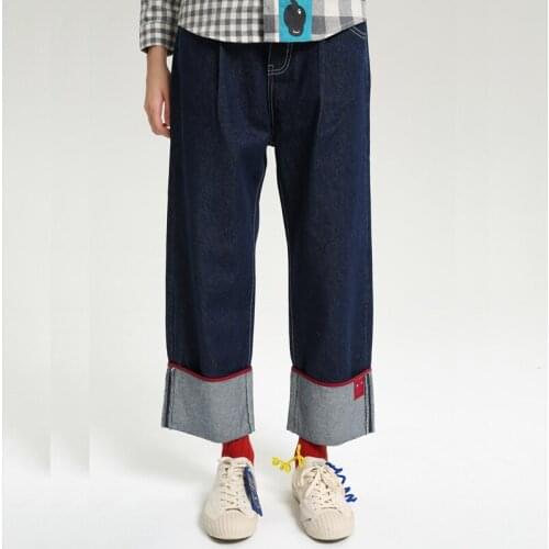 Womens Jeans Denim Wide Leg Pants Loose Trousers Letters Cuffs High Waist Femme Dark Blue Cute Patch Ankle Length