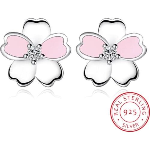 Cute 925 Sterling Silver Cherry Blossoms Flower Set Pink CZ Stud Earrings For Women Girls Kids Jewelry Orecchini Aros Aretes