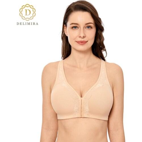 Delimira Womens Wirefree Full Figure Cotton Bra Front Closure Back Support