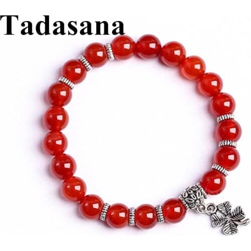 Vintage 8mm Beads Red Agates Crystal Bracelet Charm Four-leaf Clover Fish Pendant Jewelry Friendship Bracelets Woman 2019